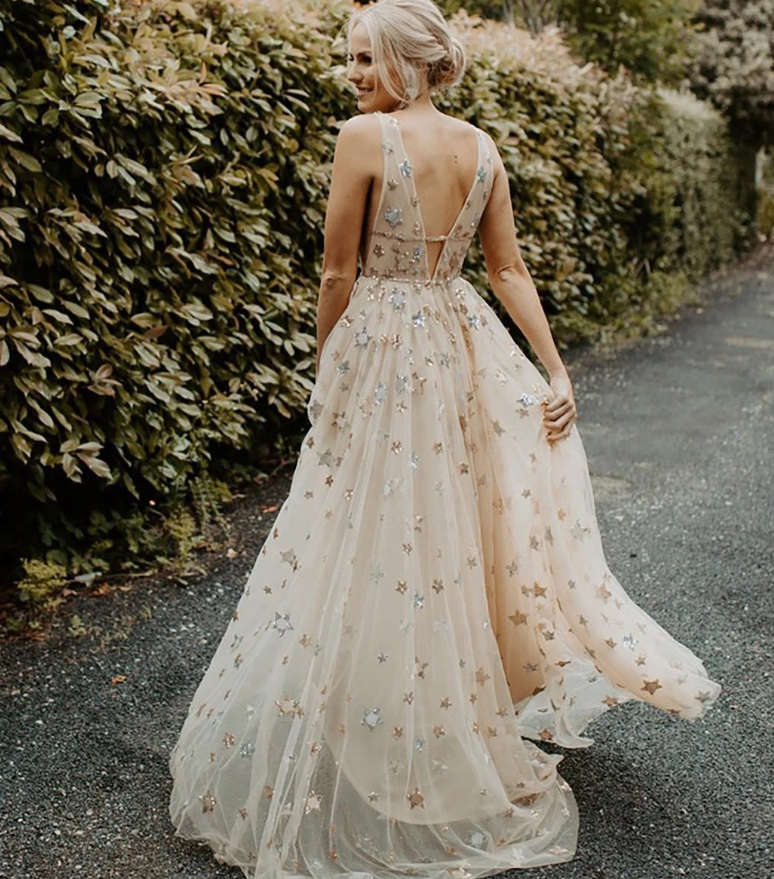 Charming V-neck Floral Long Prom Dress, Evening Dress T132