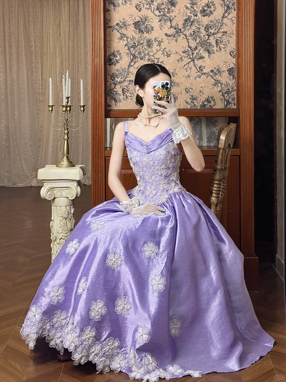Vintage Purple Ball Gown Straps Appliques Satin Prom Dress Graduation Prom Dress SH5272