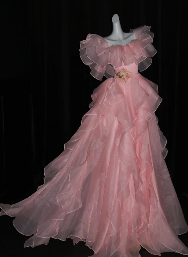 Princess Pink Ball Gown Straps Ruffle Organza Prom Dress Quinceanera Dress SH7164