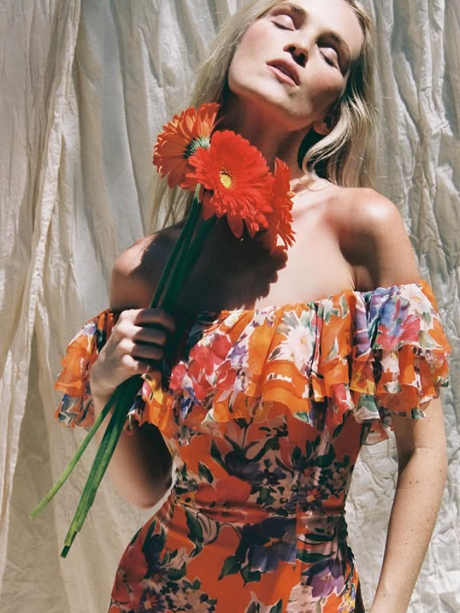 Stunning Orange Print Floral Mermaid Chiffon Prom Dress Vacation Dress SH6260