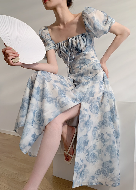 Blue Rose A Line Puff Chiffon Prom Dress Outfits with Slit SH4729