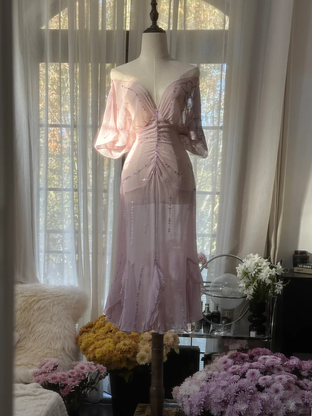 Gentle A Line V Neck Sequin Light Purple Chiffon Party Dress Wedding Guest Dress SH2963
