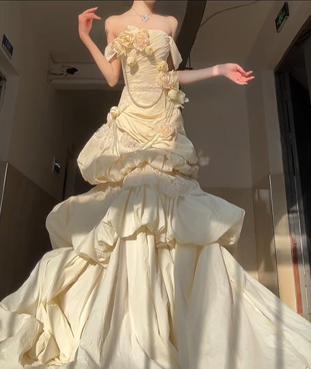Light Yellow Rose Mermaid Off the Shoulder Pleated Lace Satin Prom Dress Party Dress SH5025