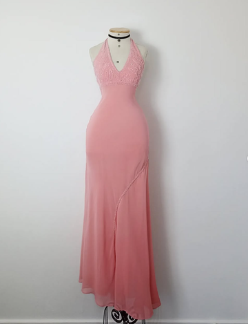 Retro Pink V Neck Sheath Chiffon Long Formal Prom Dress Vintage Party Dress, DP4831 main image 0
