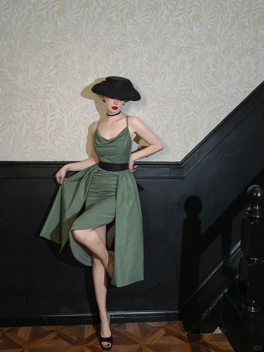 Vintage Green Sheath Spaghetti Strap Satin Tea Length Prom Dress Homecoming Dress SH4239