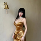 Golden A Line Spaghetti Strap Pleated Velvet Prom Dress Party Dress SH4390