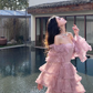 Gentle Purple A Line Long Sleeve Layered Tulle Homecoming Dress Birthday Dress Outfits SH3640
