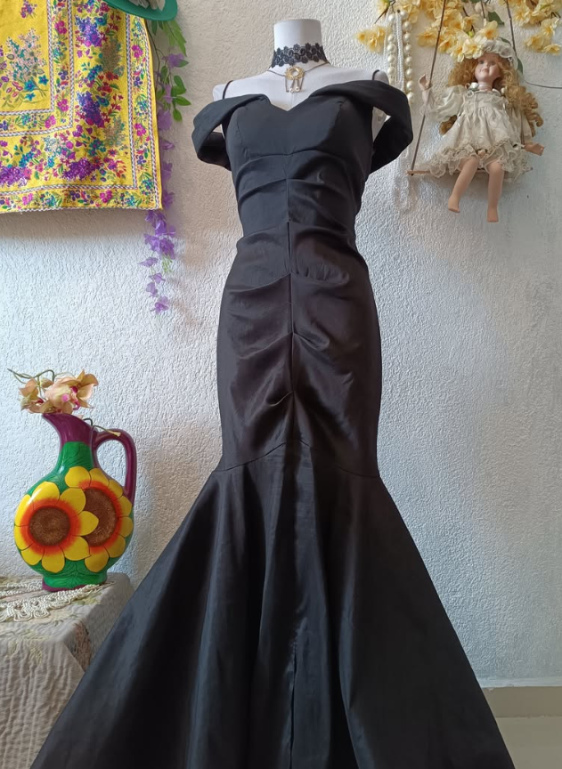 Sexy Mermaid Off the Shoulder Black Satin Long Sweep Prom Dress Evening Dress SH2091