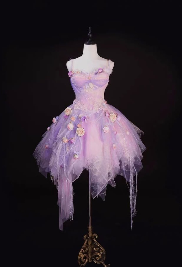 Sweety Pink Ball Gown Spaghetti Strap 3D Floral Tulle Short Prom Dress Homecoming Dress SH6440