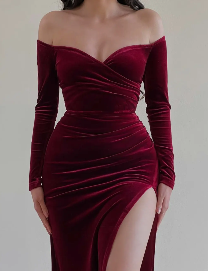 Sexy Burgundy Sheath Long Sleeve Simple Velvet Prom Dress Evening Dress SH5527