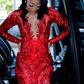 Sexy Mermaid V Neck Long Sleeve Red Sequin Long Sweep Prom Dress Evening Dress SH2160