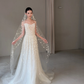 Luxurious A Line Strapless Beaded Floral White Tulle Long Train Wedding Dress SH7726