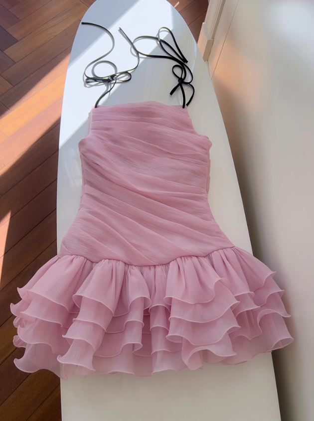 Cute Pink A Line Spaghetti Strap Layered Chiffon Homecoming Dress SH4506