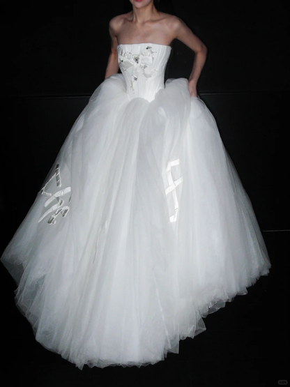 Sweety A Line Strapless Bow Knot White Tulle Long Wedding Dress SH8928