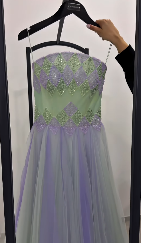 Fantastic A Line Strapless Exquisite Beaded Green Purple Tulle Prom Dress Evening Dress SH6752