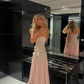 Elegant A Line One Shoulder Beaded Light Pink Satin Prom Dress Wedding Guest Dress SH4722