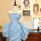 Baby Blue Mermaid Strapless Shiny Beaded Bow Satin Prom Dress Evening Dress SH7375