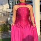 Hot Pink A Line Strapless Beaded Satin Long Prom Dress Wedding Guest Dress SH5412