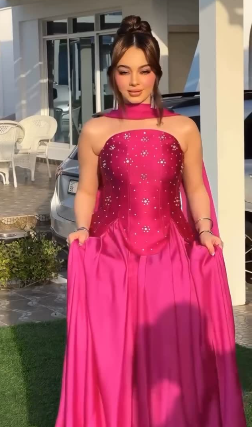 Hot Pink A Line Strapless Beaded Satin Long Prom Dress Wedding Guest Dress SH5412