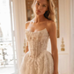 Luxurious Ball Gown Strapless Pearl White Lace Long Train Wedding Dress SH7158