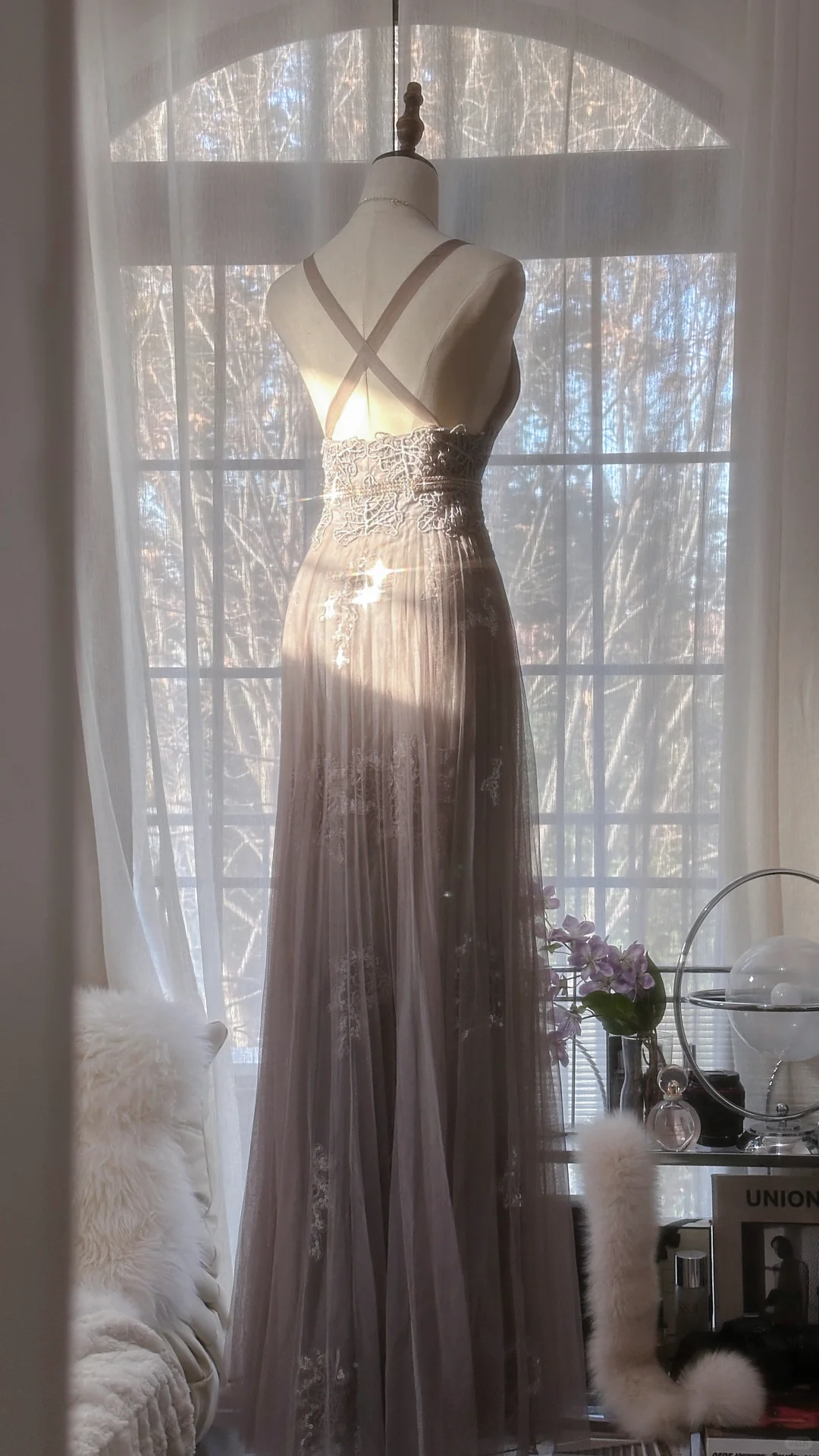 Stunning A Line V Neck Appliques Purple Tulle Long Prom Dress Evening Dress SH2970