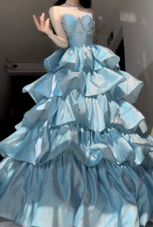 Dreamy Blue Ball Gown Sweetheart Neck Layered Sequin Prom Dress SH4571