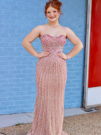 Sweety Pink Sheath Strapless Luxurious Beaded Tulle Prom Dress Evening Dress SH6599