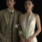 Simple V Neck Ruffle V Neck White Satin Long Prom Dress Evening Dress SH4379