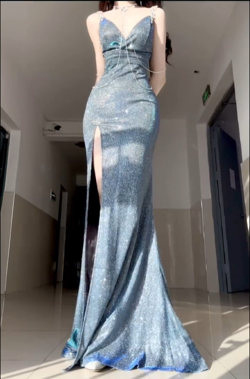 Shiny Blue Mermaid Straps Beaded Sequin Graduation Ball Gown 18th Birthday Dress SH4988