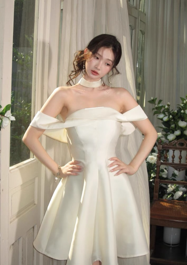 Classic White A Line Off the Shoulder Satin Short Prom Dress Homecomin – shinydress