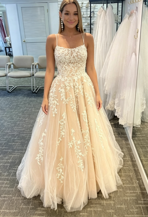 Simple Spaghetti Straps A-Line Lace Appliques Tulle Long Prom Dress KS7930