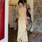 Vintage Yellow Mermaid Spaghetti Strap Beaded Chiffon Prom Dress Wedding Guest Dress SH4499