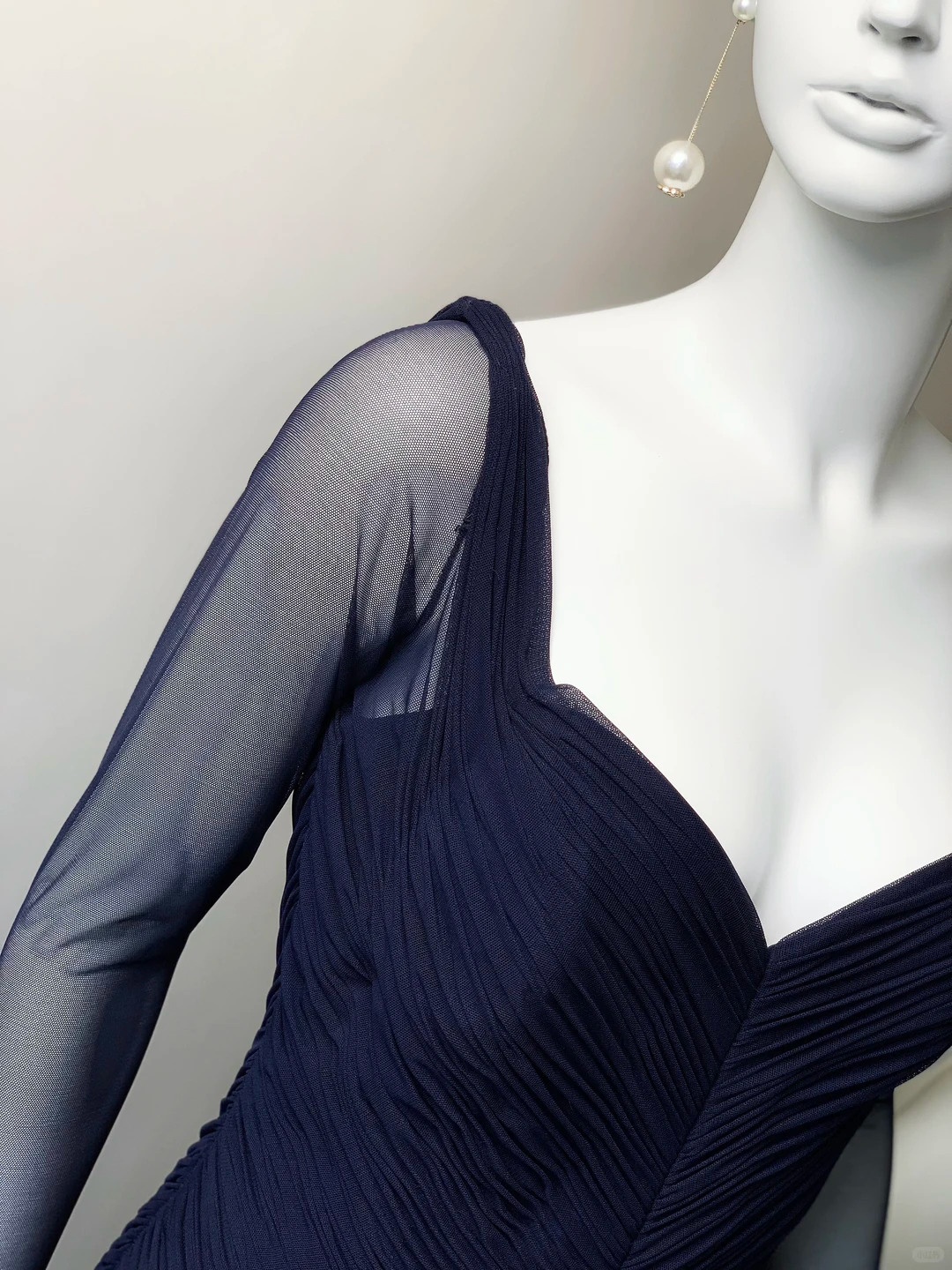 Navy Blue A Line Long Sleeve Tulle Prom Dress Evening Dress SH5131
