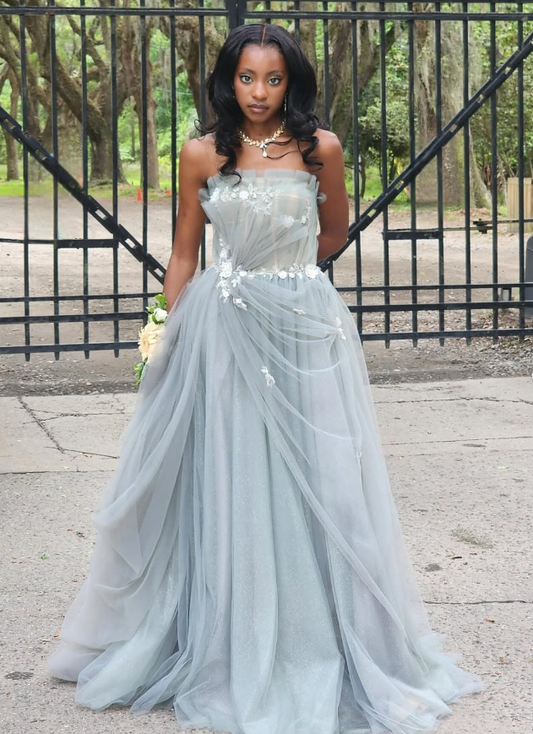 Pretty A Line Strapless Appliques Grey Tulle Long Prom Dress Evening Dress SH2200