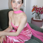 Hot Pink Sheath Strapless Lace Satin Long Prom Dress Evening Dress SH2392