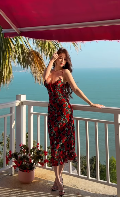 Sexy Sheath Straps Bow Print Rose Chiffon Prom Dress Vacation Dress SH5190