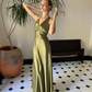 Green Sheath Halter Bow Satin Open Back Prom Dress Graduation Prom Dress SH2587