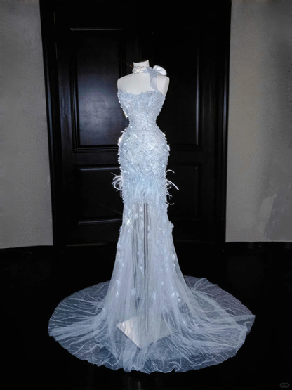 Baby Blue Mermaid Sweetheart Neck Beaded Feathder Tulle Prom Dress Evening Dress SH3350