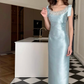 Blue Sheath Bow Straps Rhinestone Satin Long Prom Dress Wedding Guest Dress SH4274