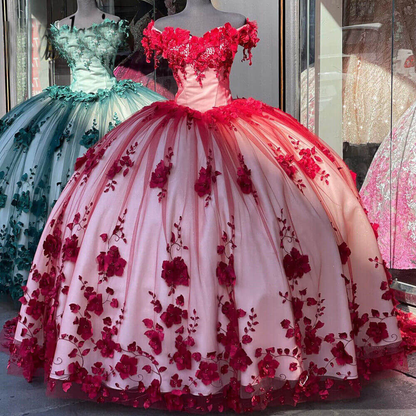 Red Off The Shoulder 3D Flowers Sweet 16 Party Dress Quinceanera Dresses  SH822