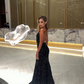 Unique Mermaid Spaghetti Strap Black Sequin Open Back Long Sweep Prom Dress SH2331