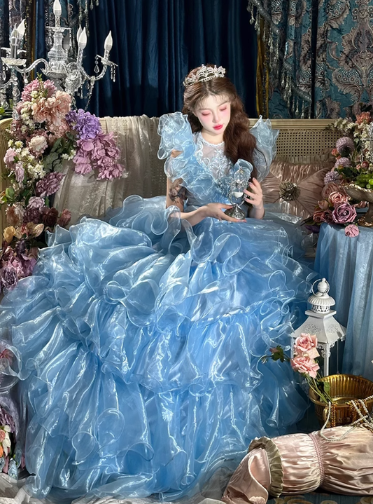 Blue Ball Gown Round Neck Layered Organza Prom Dress 16th Birthday Dress SH4089