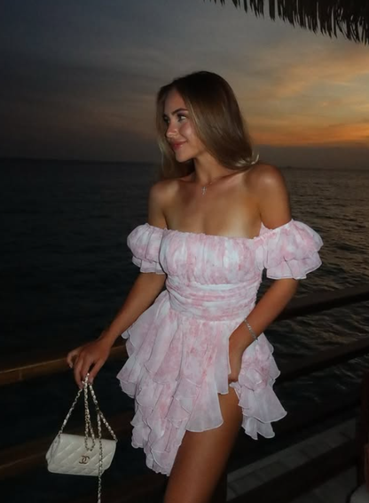 Sweety Pink A Line Off the Shoulder Print Chiffon Short Homecoming Dress Outfits SH6495