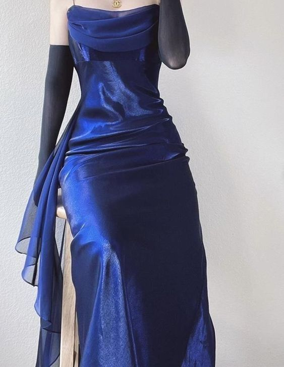 Spaghetti Straps Blue Satin Chiffon Long Prom Dress  SH1358