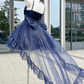 Dramy Navy Blue Ball Gown Spaghetti Strap Bow Satin Tulle Short Prom Dress Homecoming Dress SH6439