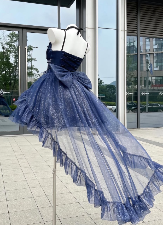Dramy Navy Blue Ball Gown Spaghetti Strap Bow Satin Tulle Short Prom Dress Homecoming Dress SH6439