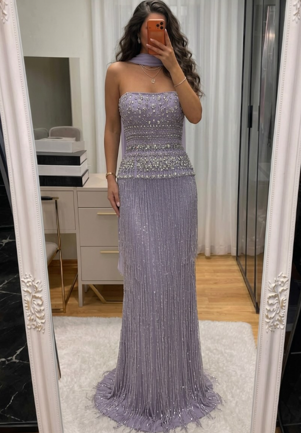 Lilac A Line Strapless Beaded Tassel Satin Long Prom Dress Evening Dress SH8951