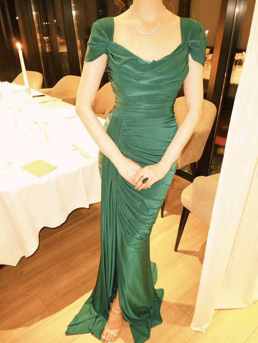Classic Green Sheath Short Sleeve Pleated Satin Long Prom Dress Evening Dress SH4622