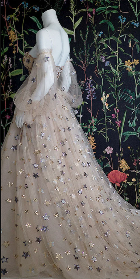 Sweetheart Champagne Tulle Bubble Sleeves Long A Line Prom Dress Beaded Evening Dress KS7039