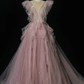 Pink Beaded A Line V Neck Ruffle Tulle Prom Dress Evening Dress Party Dress SH3619